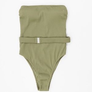 Olive Ribbed Monokini Removable Straps Waist Belt